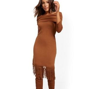 NWT NY&CO Fringed Cowl-Neck Sweater Dress